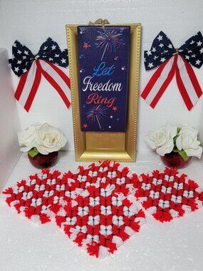 Handmade Woven Red and White with Blue Coasters or Trivets Set of 4